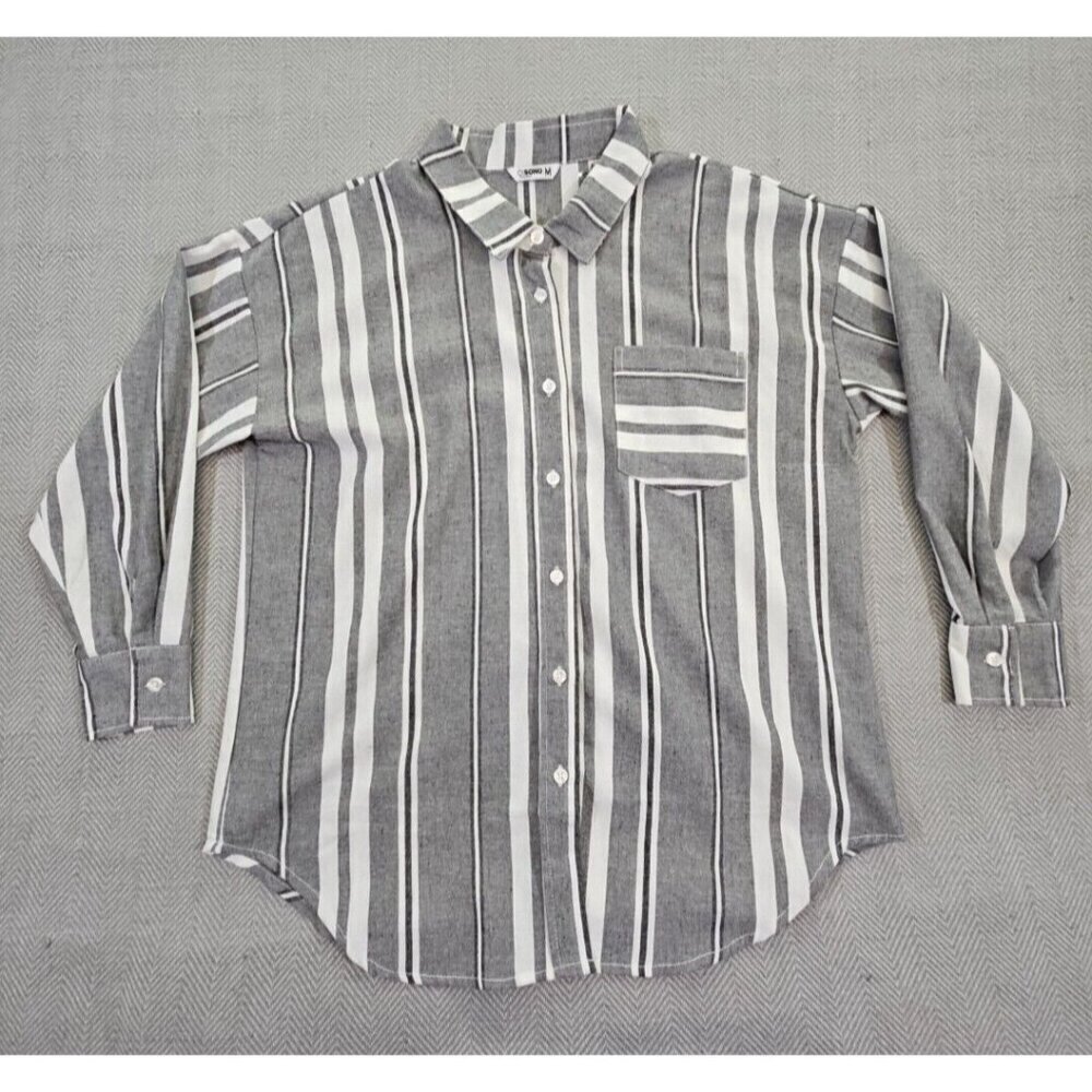 Ci Sono Women’s Wovens Long Sleeve Button Up Size Medium Gray & White Stripe Y2K